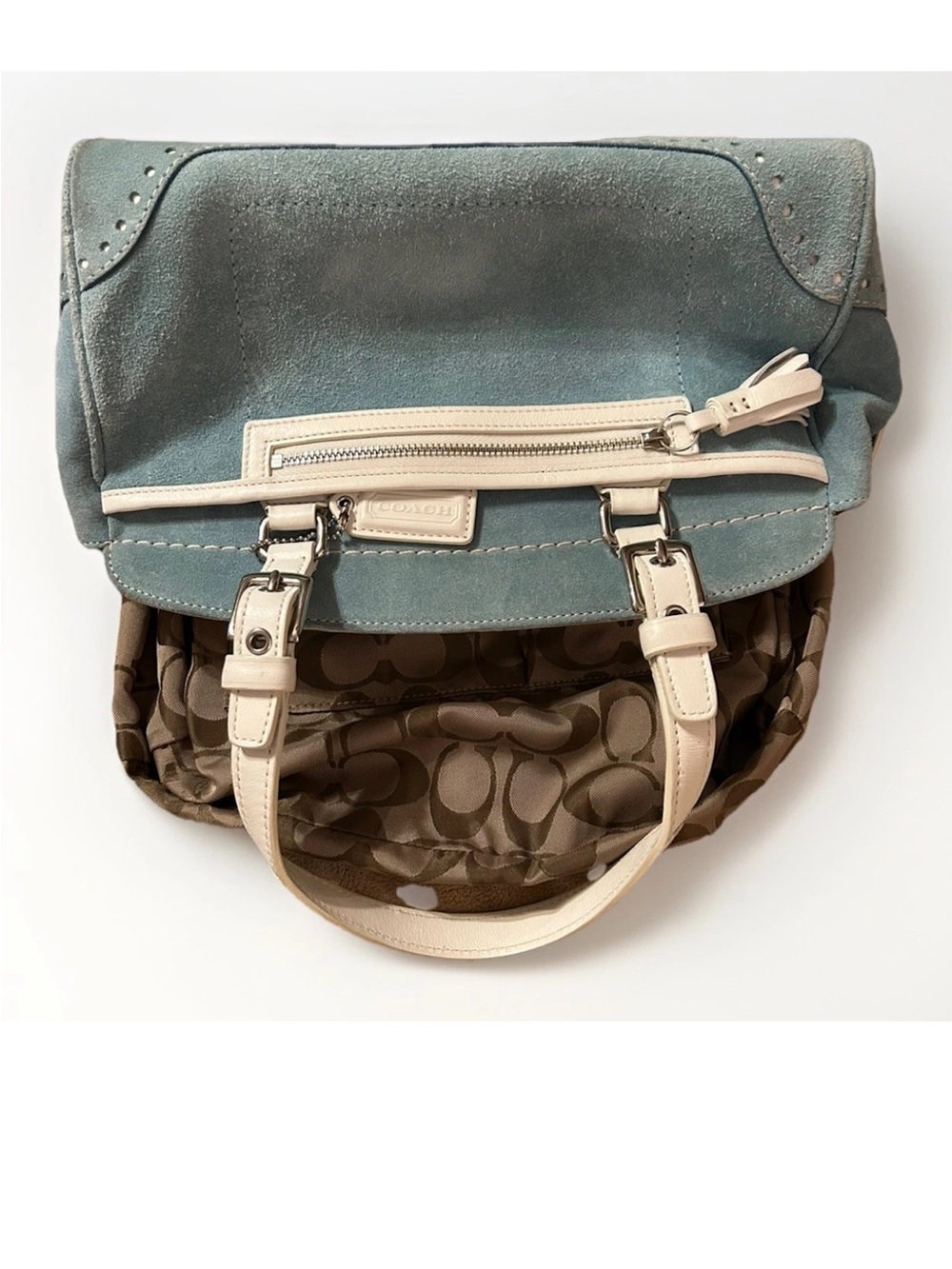 Coach Hamptons Satchel/Wristlet Set, Baby Blue Suede, White Leather Trim VINTAGE - Picture 9 of 13